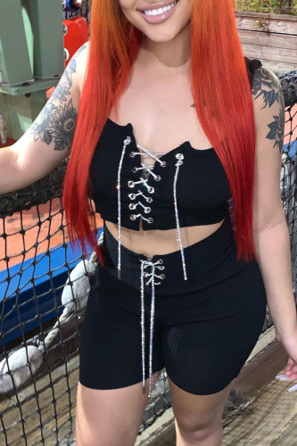 Black Sexy Casual Solid Bandage Spaghetti Strap Sleeveless Two Pieces