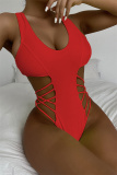 Red Fashion Sexy Solid Hollowed Out Backless Swimwears (Without Paddings)