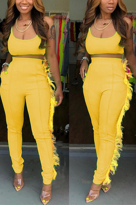 Yellow Sexy Sling Tops Tight Trousers Two-piece Set