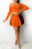 Orange Fashion Casual Solid Patchwork Backless Off the Shoulder Long Sleeve Two Pieces