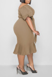 Brown Casual Solid Patchwork Flounce Straight Plus Size Dresses
