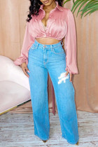 Pink Fashion Casual Solid Fold Turndown Collar Tops