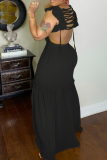 Black Sexy Solid Flounce V Neck Cake Skirt Dresses