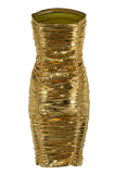 Golden Yellow Sexy Solid Fold Strapless Sleeveless Dress