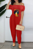 Red Casual Print Patchwork Off the Shoulder Loose Jumpsuits