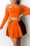 Orange Fashion Casual Solid Patchwork Backless Off the Shoulder Long Sleeve Two Pieces
