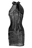 Black Sexy Solid Patchwork See-through Hot Drill O Neck Pencil Skirt Dresses