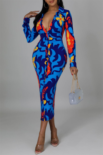 Multicolor Fashion Casual Print Basic Turndown Collar Long Sleeve Dresses