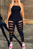 Black Sexy Casual Solid Ripped Backless Strapless Skinny Jumpsuits