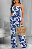 Green Sexy Print Patchwork Strapless Straight Jumpsuits