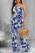 Blue Sexy Print Split Joint Strapless Straight Jumpsuits