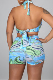 Green Fashion Sexy Print Bandage Hollowed Out Backless Halter Skinny Rompers