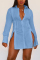 Blue Sexy Solid Patchwork Buckle Slit Turndown Collar Tops