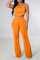 Tangerine Red Sexy Patchwork Patchwork Halter Sleeveless Two Pieces