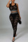 Black Fashion Sexy Solid Patchwork See-through Vests Shrugs O Neck Sleeveless Two Pieces