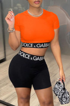 Orange Fashion Casual Letter Split Joint O Neck Short Sleeve Two Pieces