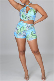 Green Fashion Sexy Print Bandage Hollowed Out Backless Halter Skinny Rompers