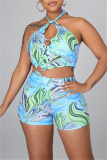 Blue Fashion Sexy Print Bandage Hollowed Out Backless Halter Skinny Rompers
