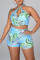 Blue Fashion Sexy Print Bandage Hollowed Out Backless Halter Skinny Jumpsuits