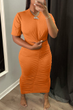 Orange Fashion Casual Solid Hollowed Out Fold O Neck Short Sleeve Dress