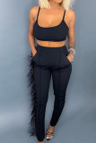 Black Sexy Sling Tops Tight Trousers Two-piece Set
