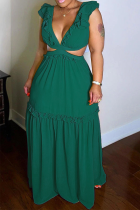 Green Sexy Solid Flounce V Neck Cake Skirt Dresses