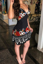 Matte Black Sexy Print Hollowed Out Patchwork Spaghetti Strap Printed Dress Dresses