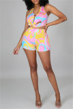 Pink Fashion Sexy Print Bandage Hollowed Out Backless Halter Skinny Rompers