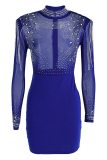 Blue Fashion Patchwork Hot Drilling See-through Half A Turtleneck Long Sleeve Dresses