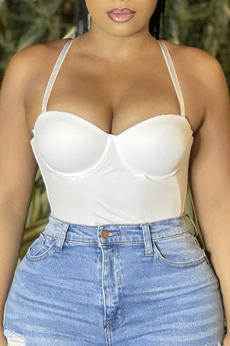 White Sexy Solid Patchwork See-through Spaghetti Strap Sleeveless Two Pieces