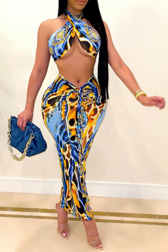 Blue Sexy Print Patchwork Halter Sleeveless Two Pieces