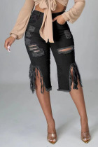 Black Sexy Street Solid Tassel Ripped Make Old Patchwork High Waist Straight Denim Shorts