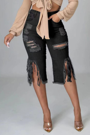 Black Sexy Street Solid Tassel Ripped Make Old Patchwork High Waist Straight Denim Shorts