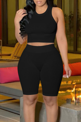 Black Casual Solid Patchwork O Neck Sleeveless Two Pieces