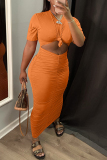 Orange Fashion Casual Solid Hollowed Out Fold O Neck Short Sleeve Dress
