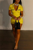 Yellow Fashion Casual Letter Embroidery Basic Zipper Collar Short Sleeve Dress