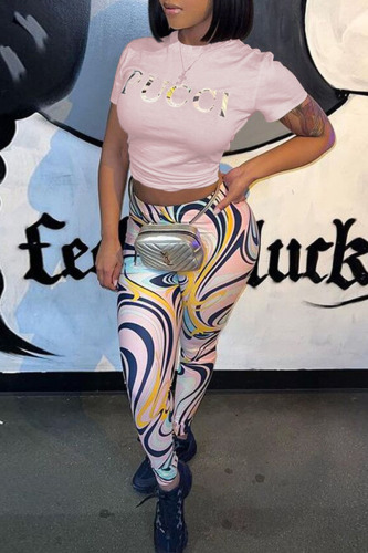 Pink Fashion Casual Print Patchwork O Neck Short Sleeve Two Pieces