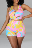 Pink Fashion Sexy Print Bandage Hollowed Out Backless Halter Skinny Rompers