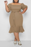 Brown Casual Solid Patchwork Flounce Straight Plus Size Dresses