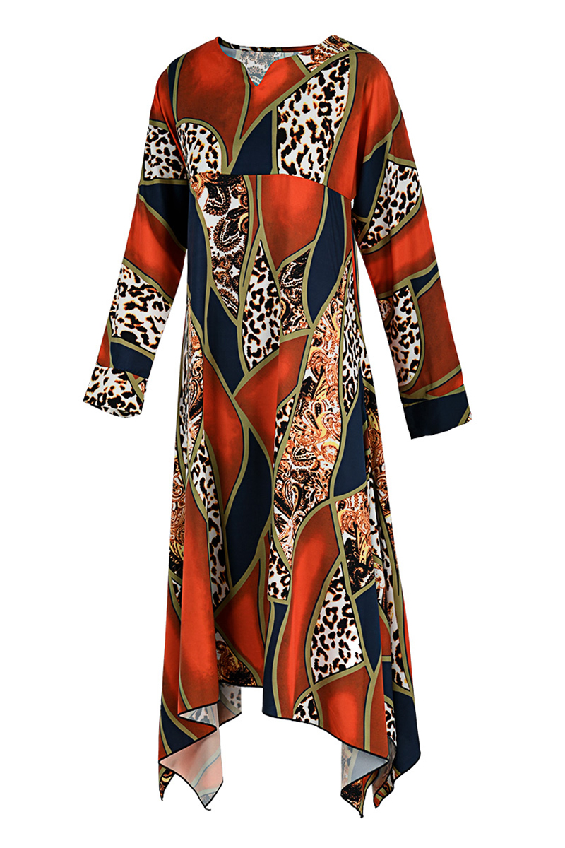 Multicolor Fashion Casual Print Basic V Neck Long Sleeve Dresses_Maxi ...