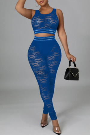 Blue Fashion Sexy Solid Split Joint See-through Vests Shrugs O Neck Sleeveless Two Pieces