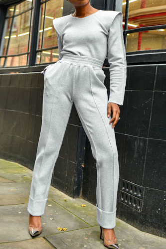 Grey Fashion Casual Solid Patchwork O Neck Long Sleeve Two Pieces