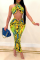 Yellow Sexy Print Patchwork Halter Sleeveless Two Pieces