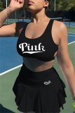 Black Casual Sportswear Letter Print Hollowed Out U Neck Sleeveless Two Pieces