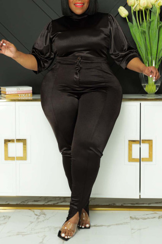 Black Casual Solid Patchwork Half A Turtleneck Plus Size Two Pieces