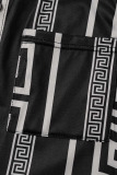 Black Casual Print Patchwork Buckle Mandarin Collar Straight Jumpsuits