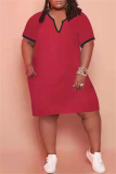 Red Fashion Casual Solid Basic V Neck Plus Size Dresses