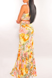 Yellow Sexy Print Hollowed Out Patchwork Knotted Spaghetti Strap Sleeveless Two Pieces