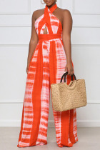 Tangerine Red Sexy Print Split Joint Backless Halter Straight Jumpsuits