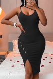 Black Sexy Solid Buckle Spaghetti Strap Irregular Dress Dresses